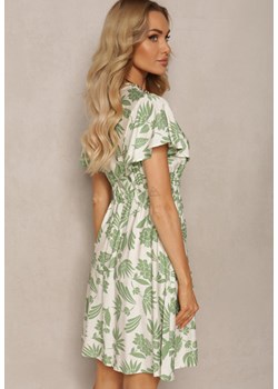 Biało-Zielona Sukienka z Motywem Roślinnym z Gumką w Talii i Dekoltem w Serek Wiacara ze sklepu Renee odzież w kategorii Sukienki - zdjęcie 171523540