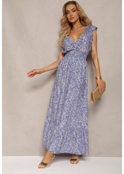 Niebieska Sukienka z Bawełny z Trójkątnym Dekoltem z Gumkami w Talii i Metalicznym Nadrukiem Nellata ze sklepu Renee odzież w kategorii Sukienki - zdjęcie 171523623