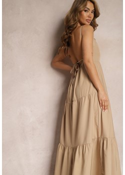 Beżowa Sukienka o Rozkloszowanym Fasonie Wiązana i Wykończona Gumką z Tyłu Hililena ze sklepu Renee odzież w kategorii Sukienki - zdjęcie 171527041
