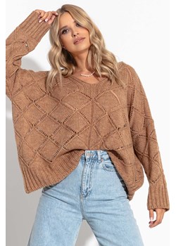 Luźny ażurowy sweter z dekoltem w serek, brązowy, Fobya ze sklepu 5.10.15 w kategorii Swetry damskie - zdjęcie 171536924