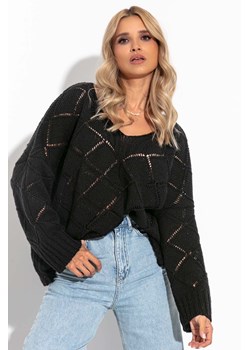 Luźny ażurowy sweter z dekoltem w serek, czarny, Fobya ze sklepu 5.10.15 w kategorii Swetry damskie - zdjęcie 171536992