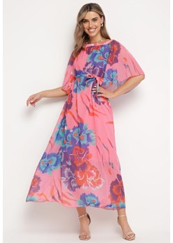 Różowo-Niebieska Rozkloszowana Sukienka z Wiązaniem w Talii i Szerokimi Rękawami Nellanora ze sklepu Born2be Odzież w kategorii Sukienki - zdjęcie 171545423