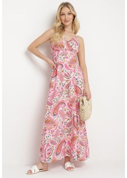 Różowa Letnia Sukienka we Wzór Paisley z Regulowanymi Ramiączkami i Sznurkiem w Talii Viafina ze sklepu Born2be Odzież w kategorii Sukienki - zdjęcie 171545502