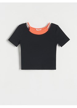 Reserved - Prążkowany t-shirt - czarny ze sklepu Reserved w kategorii Bluzki dziewczęce - zdjęcie 171549411