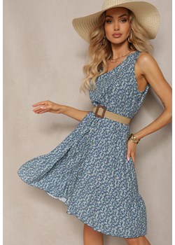 Niebieska Bawełniana Sukienka z Rozkloszowaną Falbaną na Dole Cavina ze sklepu Renee odzież w kategorii Sukienki - zdjęcie 171550101