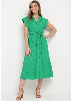 Zielona Bawełniana Sukienka z Haftowanej Tkaniny Zapinana na Guziki z Paskiem Biasona ze sklepu Born2be Odzież w kategorii Sukienki - zdjęcie 171552554