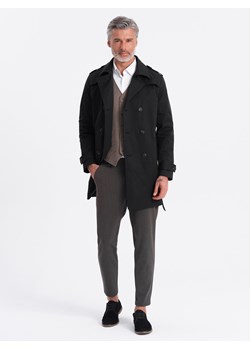 Elegancki płaszcz męski trencz SLIM FIT z paskiem - czarny V2 OM-COSC-0111 ze sklepu ombre w kategorii Płaszcze męskie - zdjęcie 171577941
