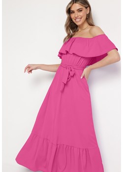 Różowa Sukienka o Rozkloszowanym Fasonie z Hiszpańskim Dekoltem i Materiałowym Paskiem Nacara ze sklepu Born2be Odzież w kategorii Sukienki - zdjęcie 171582182