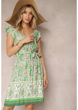 Jasnozielona Rozkloszowana Sukienka z Wiskozy z Paskiem w Talii Riasha ze sklepu Renee odzież w kategorii Sukienki - zdjęcie 171583331