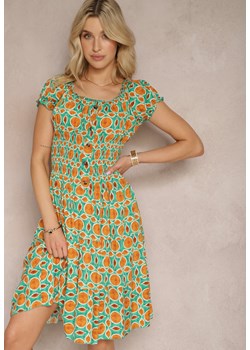 Zielono-Pomarańczowa Sukienka Hiszpanka z Wiskozy z Gumką w Pasie i Ozdobnymi Guzikami Sunalla ze sklepu Renee odzież w kategorii Sukienki - zdjęcie 171583341