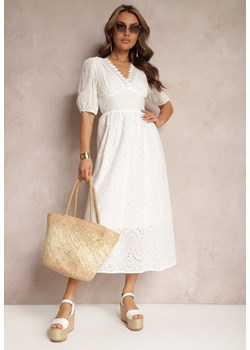 Biała Sukienka z Bawełny o Haftowanym Wykończeniu z Gumką w Talii Lomeda ze sklepu Renee odzież w kategorii Sukienki - zdjęcie 171583604