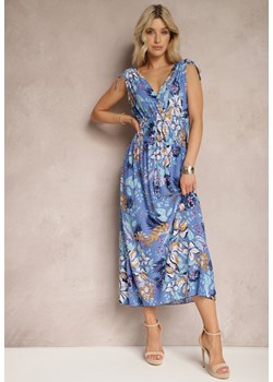 Niebieska Kwiecista Sukienka z Gumką w Talii i Trójkątnym Dekoltem Vialessia ze sklepu Renee odzież w kategorii Sukienki - zdjęcie 171583624