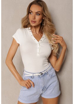 Biały T-shirt z Bawełny Koszulka z Krótkim Rękawem z Dekoltem Ozdobionym Napami Fulana ze sklepu Renee odzież w kategorii Bluzki damskie - zdjęcie 171583744