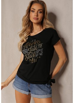 Czarny T-shirt z Bawełny Ozdobiony Asymetrycznym Wiązaniem na Dole i Cyrkoniami Timanel ze sklepu Renee odzież w kategorii Bluzki damskie - zdjęcie 171585932