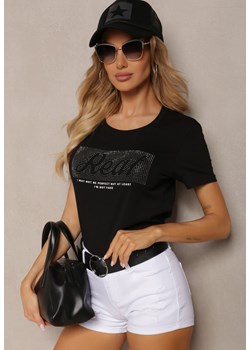 Czarny Koszulka T-shirt z Bawełny z Krótkim Rękawem Ozdobiony Nadrukiem i Cyrkoniami Liarala ze sklepu Renee odzież w kategorii Bluzki damskie - zdjęcie 171585942