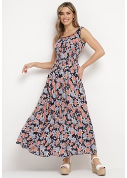 Granatowa Rozkloszowana Sukienka Bawełniana w Kwiatowy Print z Guzikami Jamallia ze sklepu Born2be Odzież w kategorii Sukienki - zdjęcie 171597834