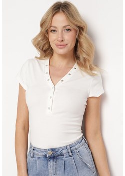 Biały Bawełniany T-shirt Koszulka z Krótkim Rękawem z Napami przy Dekolcie Fiasta ze sklepu Born2be Odzież w kategorii Bluzki damskie - zdjęcie 171597951