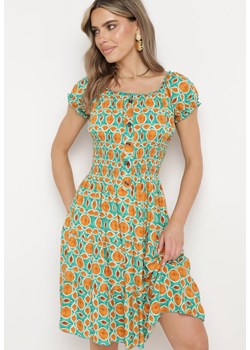 Zielono-Pomarańczowa Wiskozowa Sukienka Typu Hiszpanka z Gumką w Talii Sunila ze sklepu Born2be Odzież w kategorii Sukienki - zdjęcie 171690854