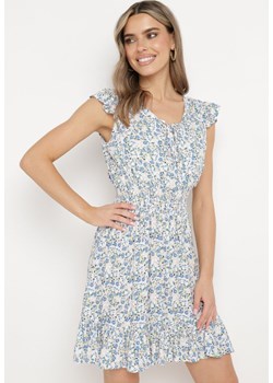 Biało-Niebieska Sukienka z Krótkim Rękawem w Kwiaty z Gumkami w Pasie i Wiązaniem przy Dekolcie Saffilla ze sklepu Born2be Odzież w kategorii Sukienki - zdjęcie 171691022