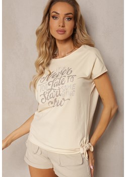 Beżowy T-shirt z Bawełny Ozdobiony Asymetrycznym Wiązaniem na Dole i Cyrkoniami Timanel ze sklepu Renee odzież w kategorii Bluzki damskie - zdjęcie 171691824