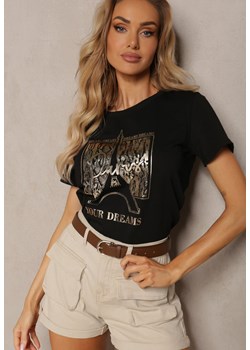 Czarny T-shirt z Bawełny o Klasycznym Kroju z Metalicznym Nadrukiem Timabell ze sklepu Renee odzież w kategorii Bluzki damskie - zdjęcie 171691834