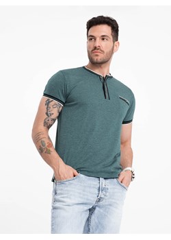 Męski t-shirt henley z ozdobnymi ściągaczami - ciemnozielony V2 OM-TSCT-0175 ze sklepu ombre w kategorii T-shirty męskie - zdjęcie 171691951