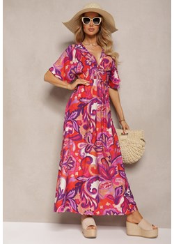 Różowa Kwiecista Sukienka z Krótkim Rękawem z Rozcięciami i Gumką w Talii Gasara ze sklepu Renee odzież w kategorii Sukienki - zdjęcie 171695600