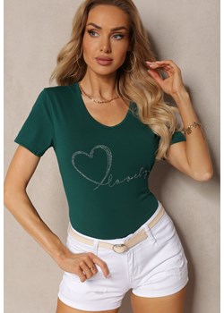 Ciemnozielony Bawełniany T-shirt z Ozdobnymi Cyrkoniami Obisara ze sklepu Renee odzież w kategorii Bluzki damskie - zdjęcie 171695794