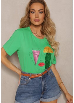 Zielony T-shirt z Bawełny z Krótkim Rękawem Ozdobiony Nadrukiem Lavessa ze sklepu Renee odzież w kategorii Bluzki damskie - zdjęcie 171695804