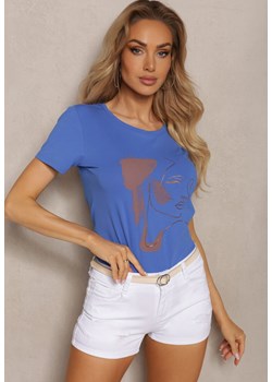 Granatowy Bawełniany T-shirt z Ozdobnym Nadrukiem Biola ze sklepu Renee odzież w kategorii Bluzki damskie - zdjęcie 171695834