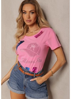 Różowy T-shirt z Bawełny z Krótkim Rękawem i Ozdobnym Nadrukiem z Cyrkoniami Balara ze sklepu Renee odzież w kategorii Bluzki damskie - zdjęcie 171695844