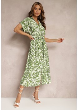 Zielona Sukienka o Koszulowym Kroju z Gumką w Talii z Materiałowym Paskiem i Guzikami Foliana ze sklepu Renee odzież w kategorii Sukienki - zdjęcie 171697530