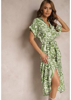 Zielona Sukienka o Koszulowym Kroju z Gumką w Talii z Materiałowym Paskiem i Guzikami Foliana ze sklepu Renee odzież w kategorii Sukienki - zdjęcie 171697532