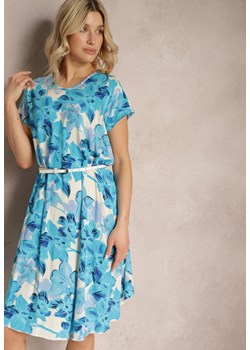 Niebieska Rozkloszowana Sukienka z Wiskozowej Tkaniny w Kwiaty Timaoon ze sklepu Renee odzież w kategorii Sukienki - zdjęcie 171697812