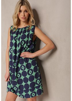 Granatowo-Zielona Pudełkowa Sukienka z Wiskozowej Tkaniny w Geometryczny Print Saloella ze sklepu Renee odzież w kategorii Sukienki - zdjęcie 171697822