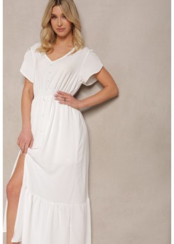 Biała Rozkloszowana Sukienka z Gumkami w Talii z Guzikami i Rozcięciem Gafia ze sklepu Renee odzież w kategorii Sukienki - zdjęcie 171697850