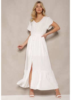 Biała Rozkloszowana Sukienka z Gumkami w Talii z Guzikami i Rozcięciem Gafia ze sklepu Renee odzież w kategorii Sukienki - zdjęcie 171697852
