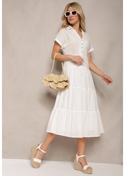 Biała Ażurowa Sukienka z Bawełny z Krótkim Rękawem i Guzikami Obitha ze sklepu Renee odzież w kategorii Sukienki - zdjęcie 171697911