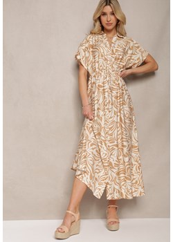Beżowa Sukienka o Koszulowym Kroju z Krótkim Rękawem Ściągana Troczkiem w Talii Elldara ze sklepu Renee odzież w kategorii Sukienki - zdjęcie 171697932
