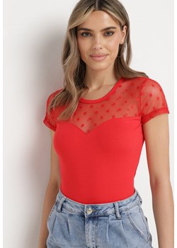 Czerwony Wiskozowy T-shirt Bluzka z Przezroczystymi Rękawami i Dekoltem Fiavara ze sklepu Born2be Odzież w kategorii Bluzki damskie - zdjęcie 171698521
