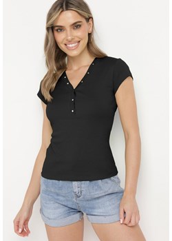 Czarny Bawełniany T-shirt Koszulka z Krótkim Rękawem z Napami przy Dekolcie Fiasta ze sklepu Born2be Odzież w kategorii Bluzki damskie - zdjęcie 171698542