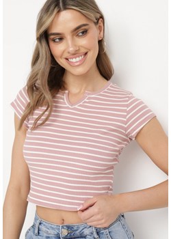 Różowy Bawełniany T-shirt Koszulka z Krótkim Rękawem i Wycięciem przy Dekolcie Zolianara ze sklepu Born2be Odzież w kategorii Bluzki damskie - zdjęcie 171698591