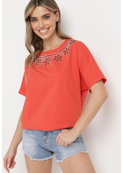 Pomarańczowy Luźny T-shirt z Bawełny z Krótkim Rękawem i Cyrkoniami przy Dekolcie Camilea ze sklepu Born2be Odzież w kategorii Bluzki damskie - zdjęcie 171698680