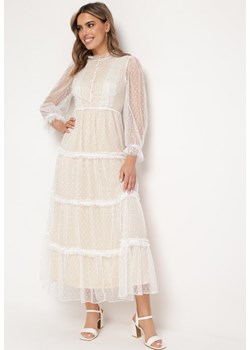 Biała Rozkloszowana Sukienka Maxi z Przezroczystszego Tiulu Ozdobiona Koronką Lanessa ze sklepu Born2be Odzież w kategorii Sukienki - zdjęcie 171941710