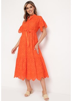 Pomarańczowa Haftowana Sukienka z Bawełny z Guzikami i Gumką w Talii Melliara ze sklepu Born2be Odzież w kategorii Sukienki - zdjęcie 171941990