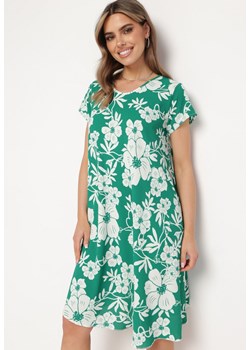 Zielona Sukienka w Kwiaty o Luźnym Kroju z Krótkim Rękawem Haldana ze sklepu Born2be Odzież w kategorii Sukienki - zdjęcie 171942374