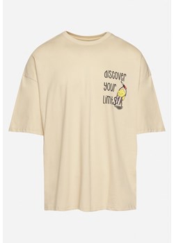 Jasnobeżowa Bawełniana Koszulka T-shirt z Krótkim Rękawem z Nadrukiem na Plecach i Przodzie Civia ze sklepu Born2be Odzież w kategorii T-shirty męskie - zdjęcie 171942472