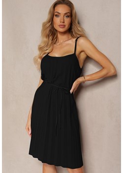 Czarna Rozkloszowana Sukienka na Regulowanych Ramiączkach z Materiałowym Paskiem Liavara ze sklepu Renee odzież w kategorii Sukienki - zdjęcie 171943040