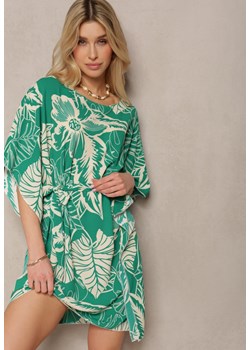 Zielona Kwiecista Sukienka z Krótkim Rękawem i Wiązaniem w Talii Fasila ze sklepu Renee odzież w kategorii Sukienki - zdjęcie 171943070