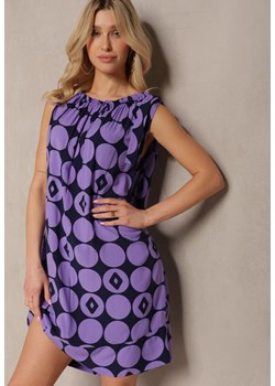 Granatowo-Fioletowa Pudełkowa Sukienka z Wiskozowej Tkaniny w Geometryczny Print Saloella ze sklepu Renee odzież w kategorii Sukienki - zdjęcie 171943090